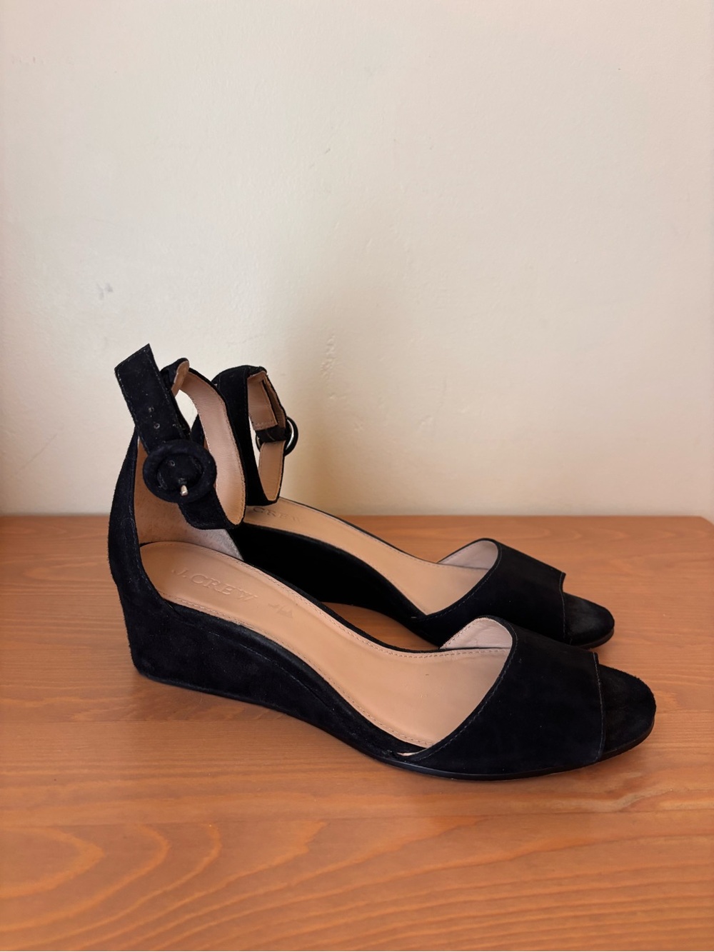 J. CREW Laila Women's Black Suede Peep-Toe Wedge Sandals with Ankle Strap Size 7